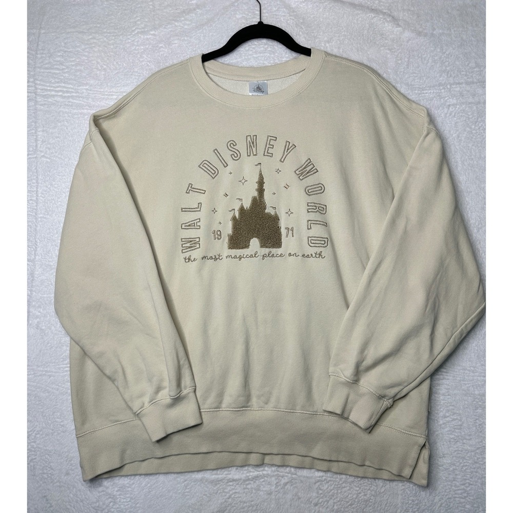 Disney Walt Disney World Sweatshirt Unisex XL Beige Embroidered Castle Pullover